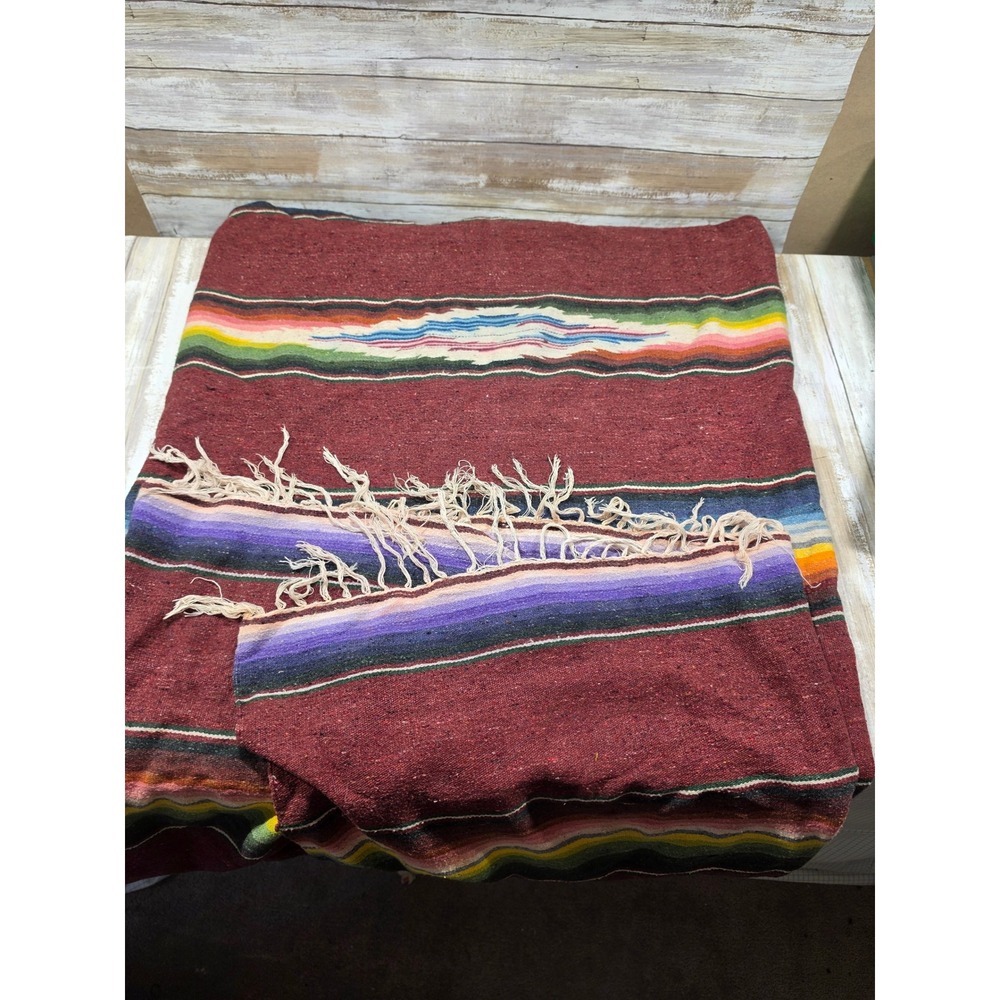 Mexican Serape Blanket Wool Multicolor Stripe Woven Throw 56x88 Southwestern - Picture 2 of 9